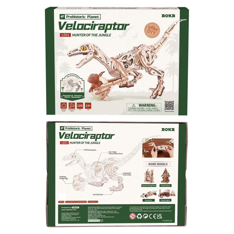 LD01 - Velociraptor Mechanical 3D Wooden Puzzle - Hobbycity.gr - Rokr